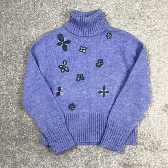 Ann Taylor Blue Butterflies Wool Cable Knit Turtleneck Sweater Women’s Large - Picture 1 of 4